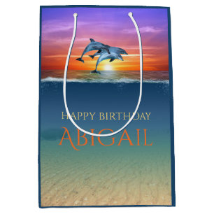 Sacola Para Presentes Média Golfinhos Sunset Vibrantes Pulando Oceano Aniversá