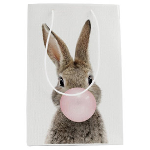 Sacola Para Presentes Média Goma de bolhas rosa soprada no coelho