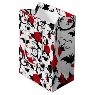 Sacola Para Presentes Média Gótico Branco com Rosas Vermelhas, Morcegos e Cave