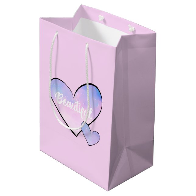 Sacola Para Presentes Média Gradiente de Coração Bonito Rosa Roxo (Verso inclinado)
