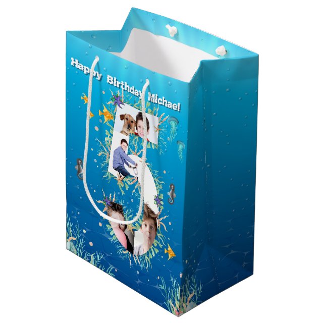 Sacola Para Presentes Média Grande Colagem De Foto De Aniversário De 5, Sob O  (Frente inclinada)