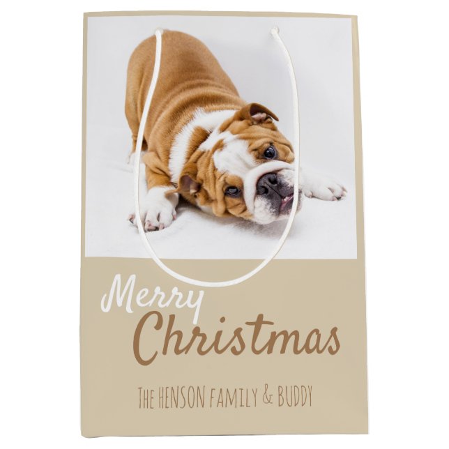Sacola Para Presentes Média Grátis, Bulldog Foto para o Natal (Frente)