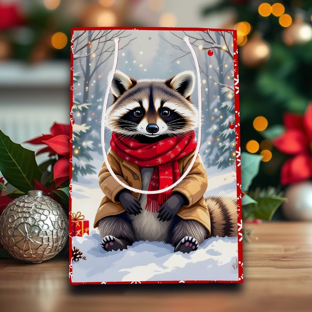 Sacola Para Presentes Média Grátis Whimsical Raccoon Natal (Criador carregado)