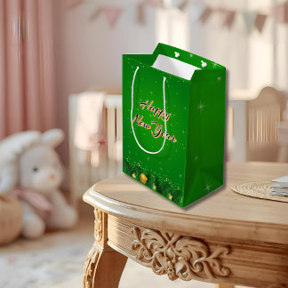 Sacola Para Presentes Média Green Gold New Year Gift Bag