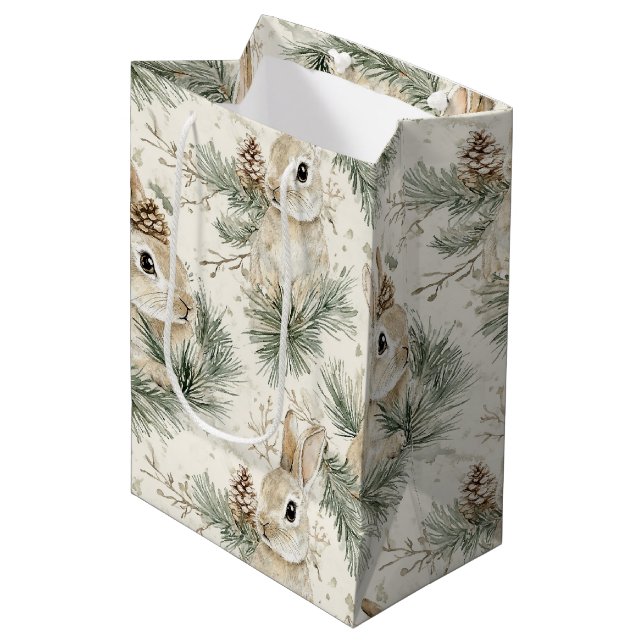 Sacola Para Presentes Média Green Pine Cones Bunny Rabbits Christmas (Frente inclinada)