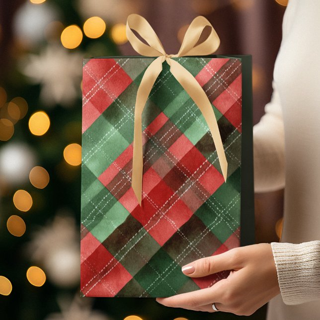 Sacola Para Presentes Média Green & Red Plaid Christmas Gift Bag (Criador carregado)
