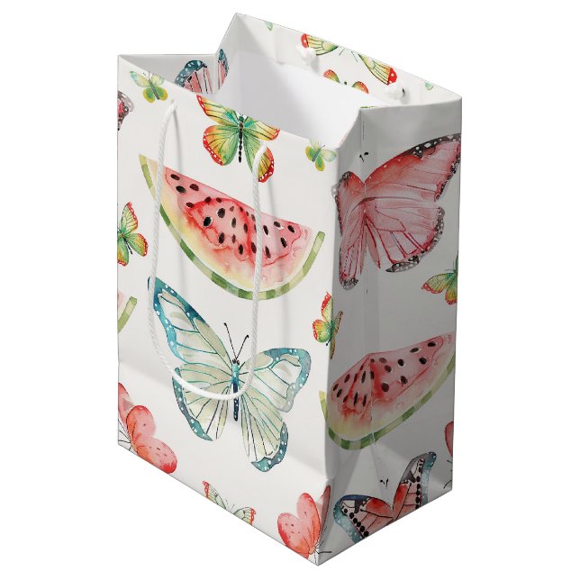 Sacola Para Presentes Média Green Red Watermelon Blue Butterflies Birthday (Frente inclinada)