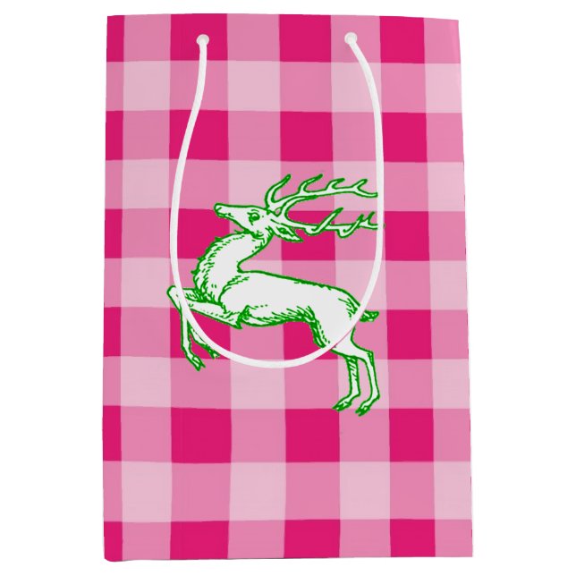 Sacola Para Presentes Média Green Reindeer Pink Gingham (Frente)