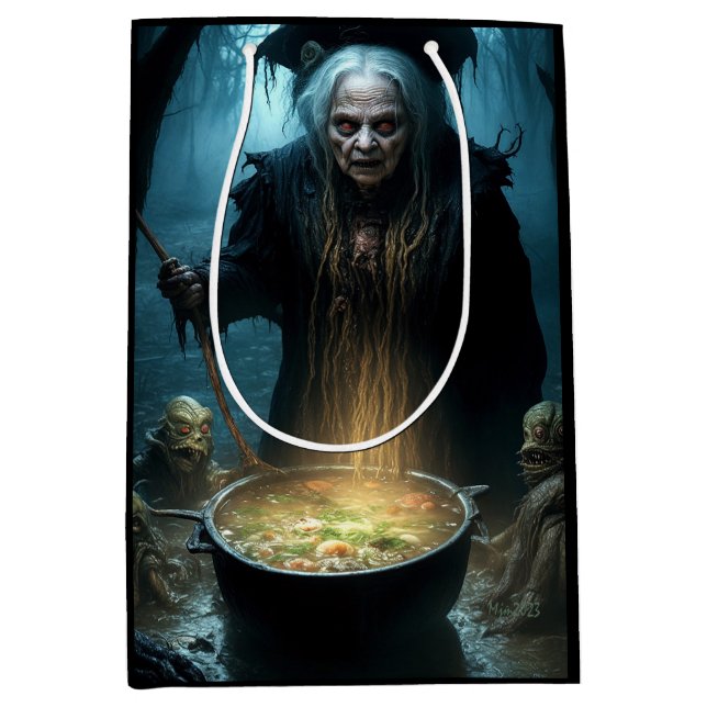 Sacola Para Presentes Média Halloween Bruxa Cauldron com Sopa (Frente)