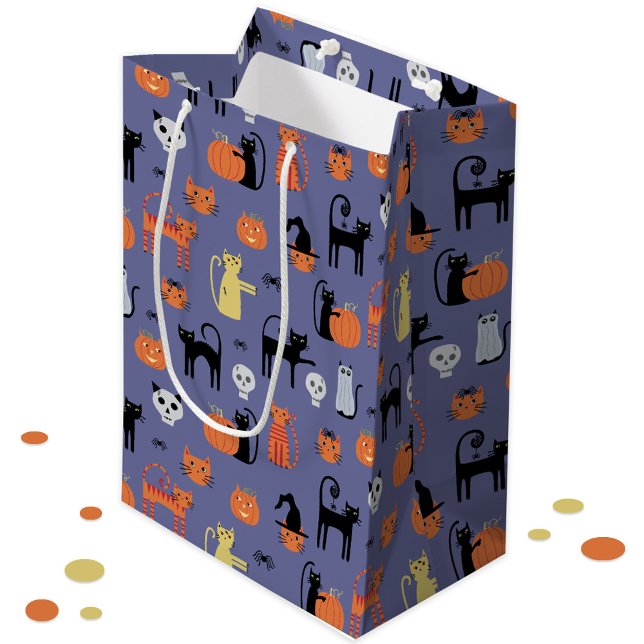 Sacola Para Presentes Média Halloween Cat Spooky Purple (Halloween cat gift, favor or trick or treat bag.)