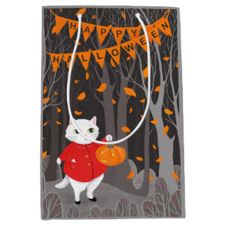 Sacola Para Presentes Média Halloween Gatinho Fofo & Abóbora Jack-o'-lante