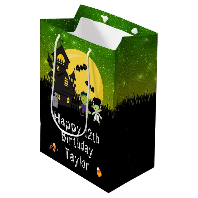 Sacola Para Presentes Média Halloween Happy Birthday Monstros Green (Frente inclinada)