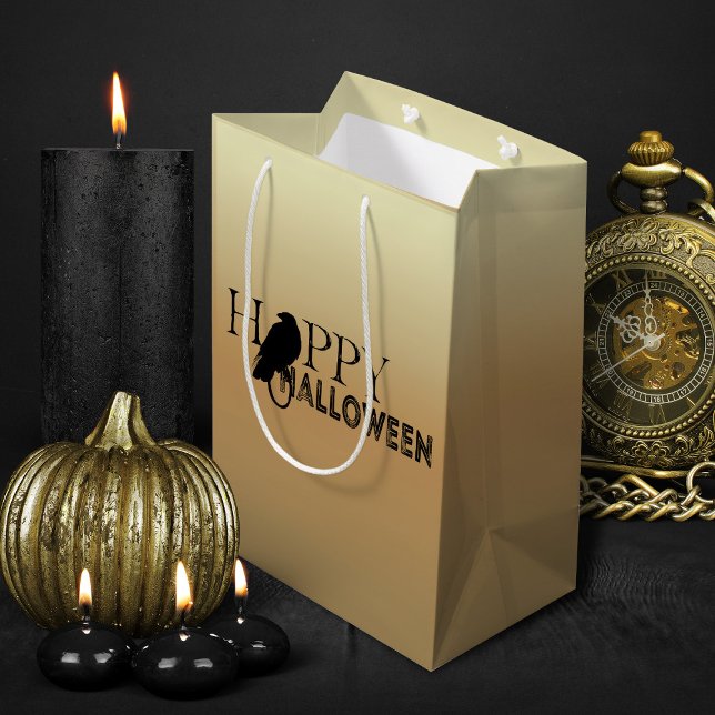 Sacola Para Presentes Média Halloween Moderno De Adultos Negros E Dourados (black and gold halloween treats gift bag)