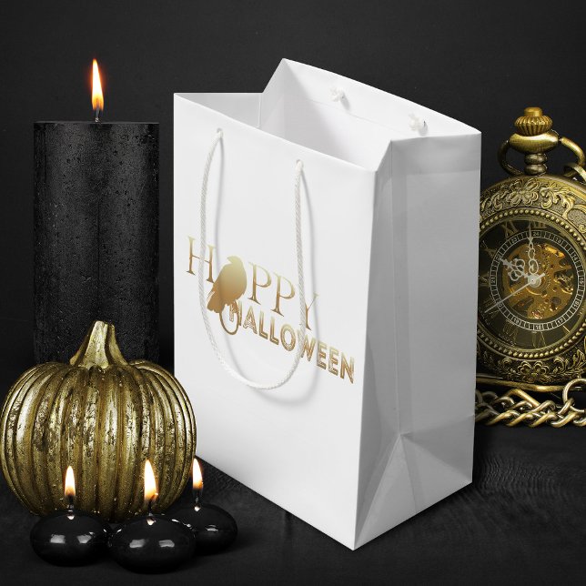 Sacola Para Presentes Média Halloween Moderno, Dourado E Branco, De Adultos Ch (white and gold elegant Halloween treats gift bag)