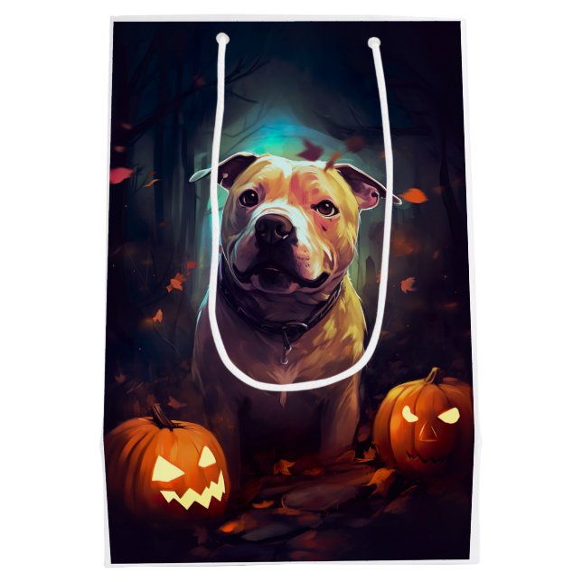 Sacola Para Presentes Média Halloween Pitbull Com Pumpkins Assustado (Verso)
