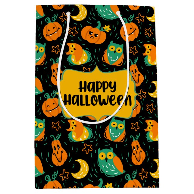 Sacola Para Presentes Média Halloween Pumpkins Moon Ows Gift Bag (Frente)