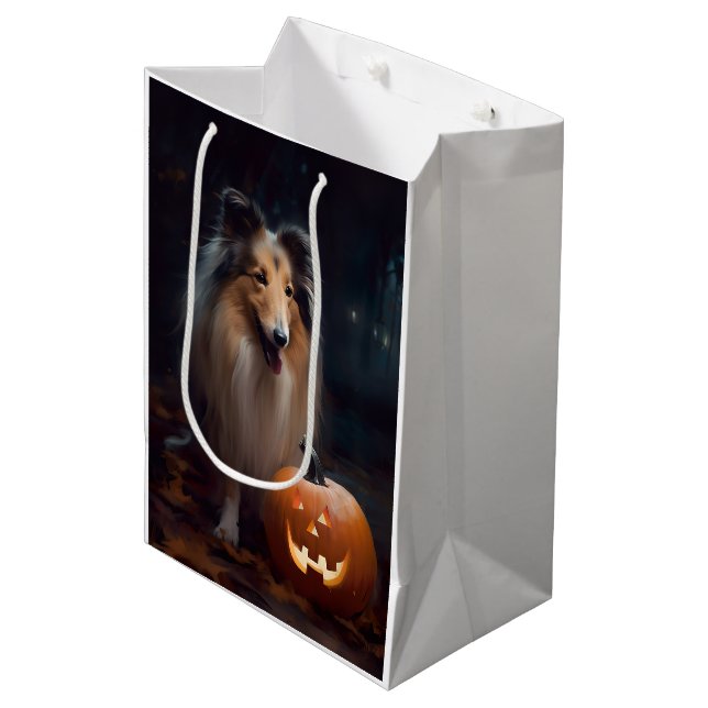 Sacola Para Presentes Média Halloween Rough Collie Com Pumpkins Assustado (Frente inclinada)