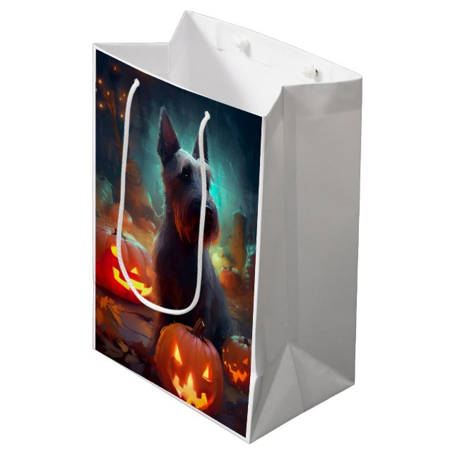 Sacola Para Presentes Média Halloween Scottish Terrier with Pumpkins Scary (Frente inclinada)