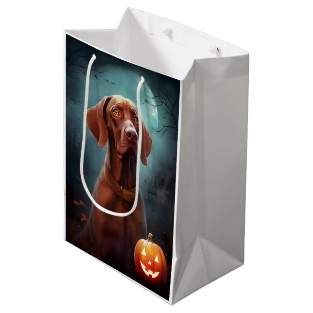 Sacola Para Presentes Média Halloween Vizsla Com Pumpkins Assustado (Frente inclinada)