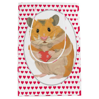 Sacola Para Presentes Média Hamster e Corações Vermelhos