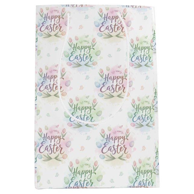 Sacola Para Presentes Média Hand-Lettered Happy Easter Watercolor (Frente)