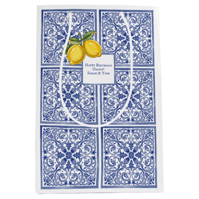 Sacola Para Presentes Média Hand-painted Italian Tiles Amalfi Blue & Lemons  (Frente)