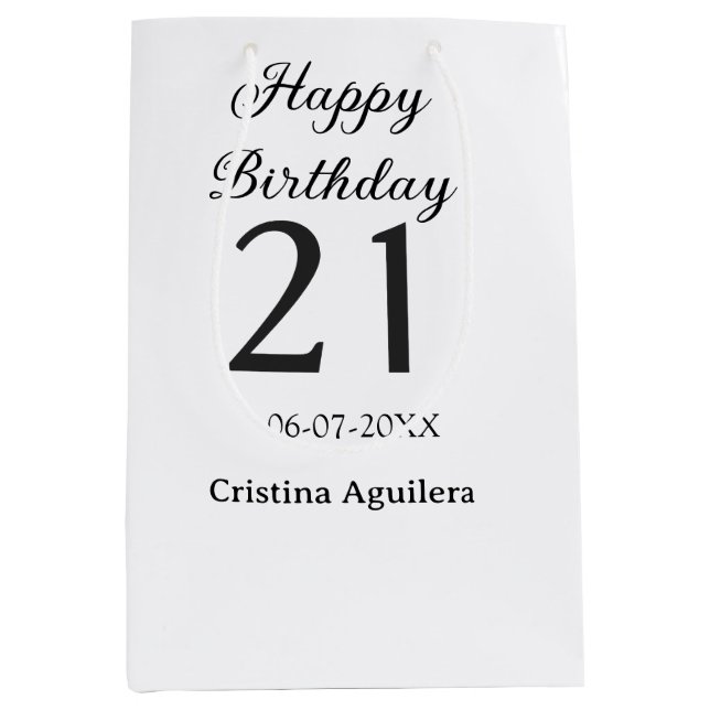 Sacola Para Presentes Média Happy 21st birthday bold letter simple name minima (Frente)