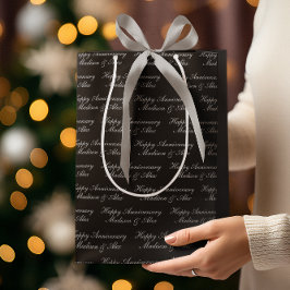 Sacola Para Presentes Média Happy Anniversary Script with Name Black Silver