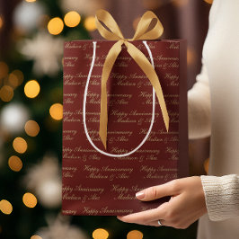 Sacola Para Presentes Média Happy Anniversary Script with Name Burgundy Gold