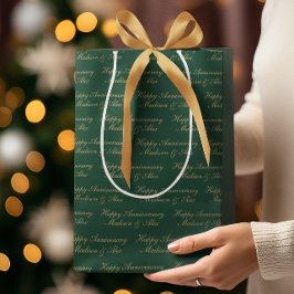 Sacola Para Presentes Média Happy Anniversary Script with Name Green Gold