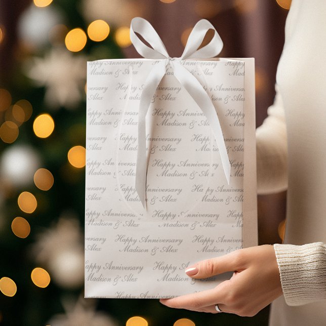 Sacola Para Presentes Média Happy Anniversary Script with Name White Silver (Criador carregado)