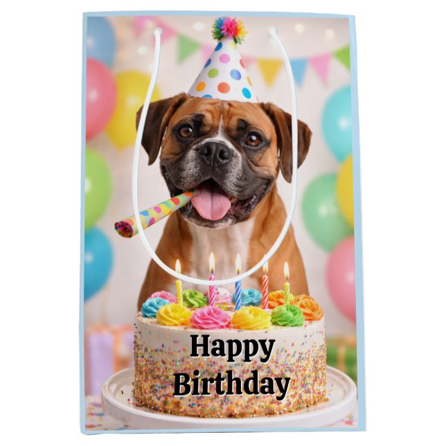 Sacola Para Presentes Média Happy Birthday Cute Boxer Dog  (Frente)