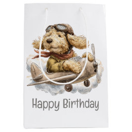 Sacola Para Presentes Média Happy Birthday Goldendoodle Dog Pilot Airplane