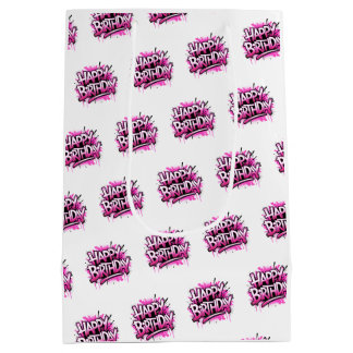 Sacola Para Presentes Média Happy Birthday Graffiti Pink & White Bag