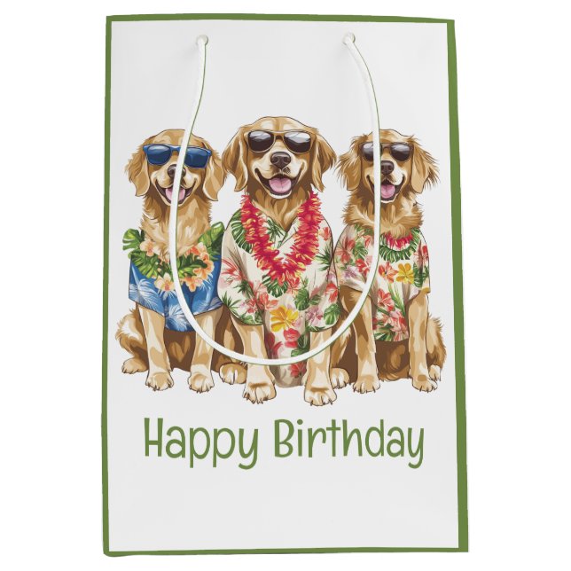 Sacola Para Presentes Média Happy Birthday Hawaiian Golden Retriever Dogs (Frente)