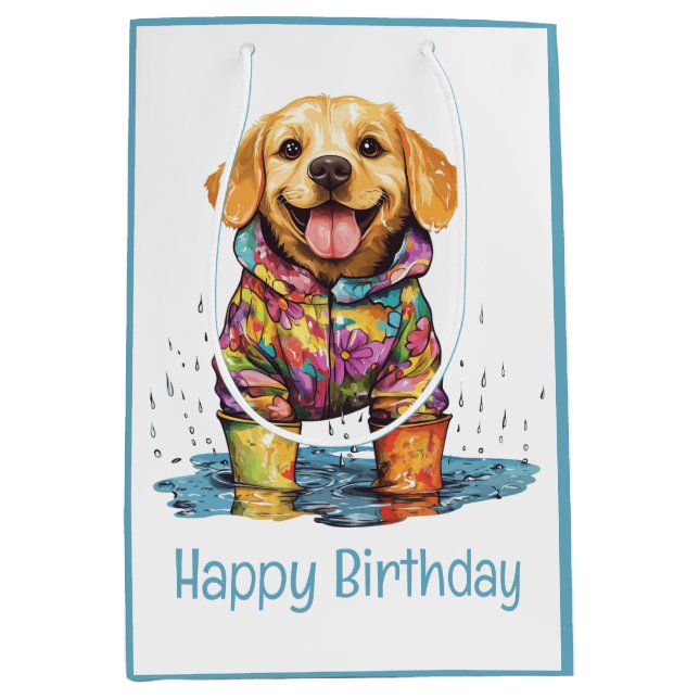 Sacola Para Presentes Média Happy Birthday Labrador Retriever Rain Puddle (Frente)