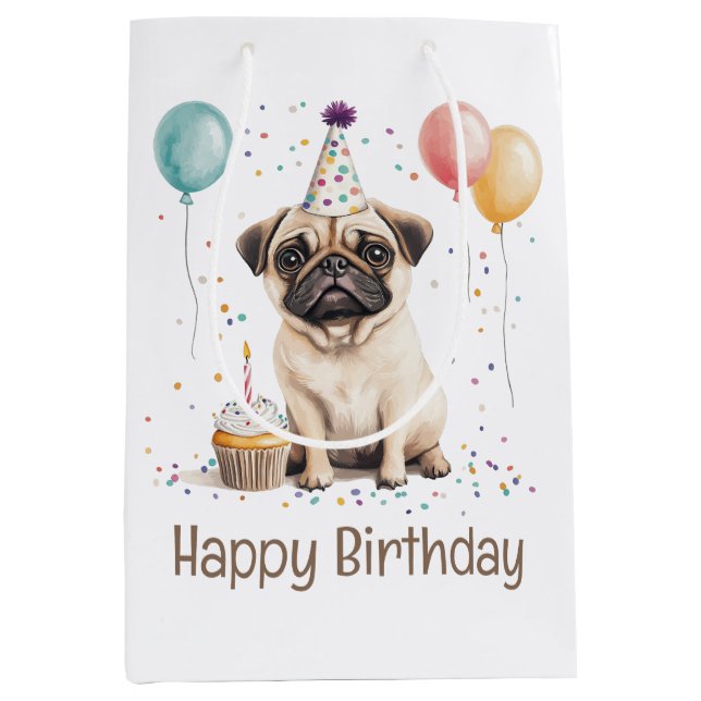 Sacola Para Presentes Média Happy Birthday Pug Dog (Frente)