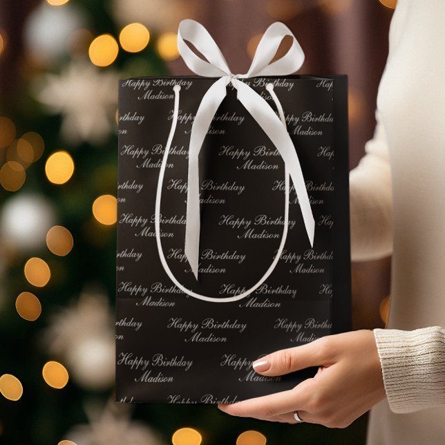 Sacola Para Presentes Média Happy Birthday Script Name Black Silver (Criador carregado)