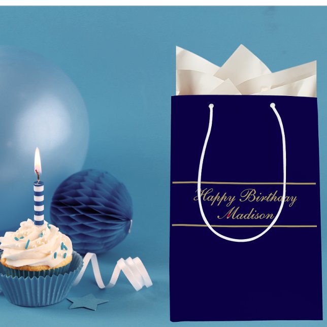 Sacola Para Presentes Média Happy Birthday Script Name Blue Gold (Criador carregado)