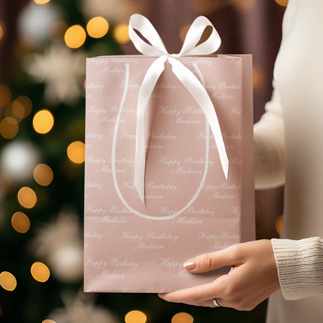 Sacola Para Presentes Média Happy Birthday Script Name Dusty Rose (Criador carregado)