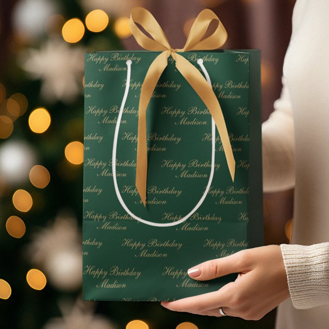 Sacola Para Presentes Média Happy Birthday Script Name Green Gold (Criador carregado)