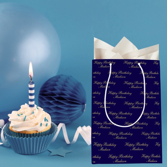 Sacola Para Presentes Média Happy Birthday Script Name Navy Blue Gold (Criador carregado)