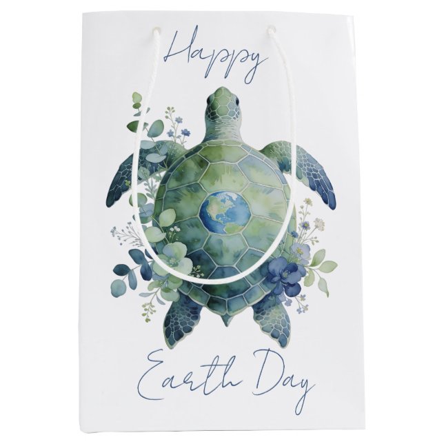 Sacola Para Presentes Média Happy Earth Day Turtle Design (Frente)