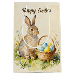 Sacola Para Presentes Média Happy Easter Vintage Bunny with Egg Basket