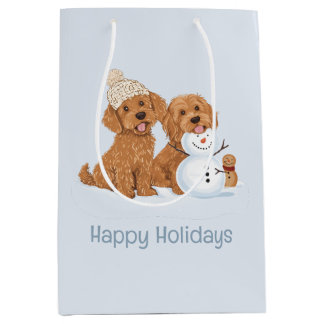Sacola Para Presentes Média Happy Holidays Winter Goldendoodle Dog Snowman