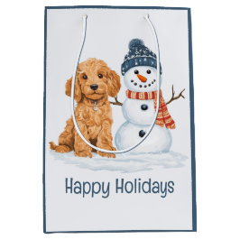 Sacola Para Presentes Média Happy Holidays Winter Goldendoodle Dog Snowman