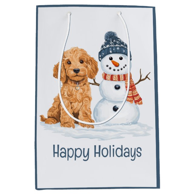 Sacola Para Presentes Média Happy Holidays Winter Goldendoodle Dog Snowman (Frente)