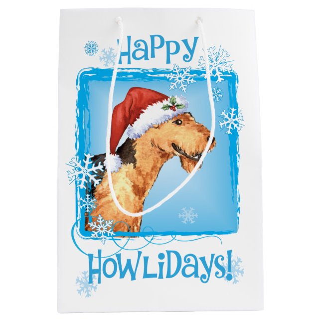 Sacola Para Presentes Média Happy Howlidays Airedale (Frente)