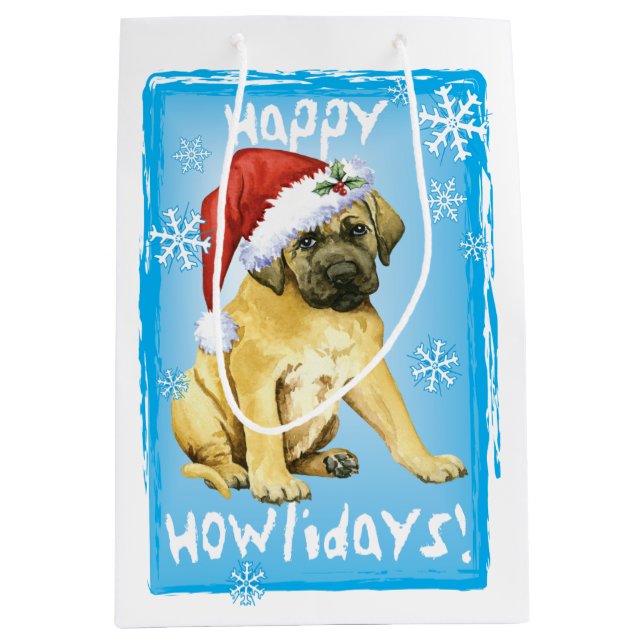 Sacola Para Presentes Média Happy Howlidays Mastiff (Frente)