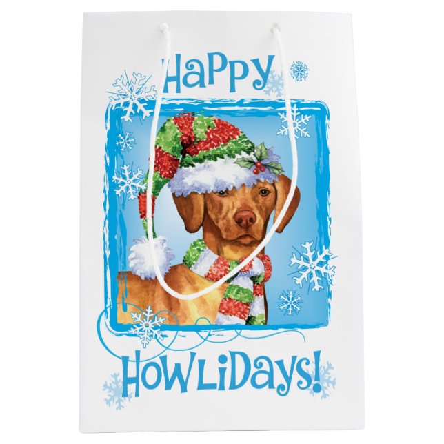 Sacola Para Presentes Média Happy Howlidays Vizsla (Frente)